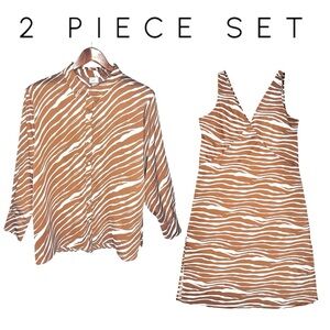 Satin Babydoll Slip Dress & Matching Top 2pc Set Brown Zebra Print Mob Wife Sz L